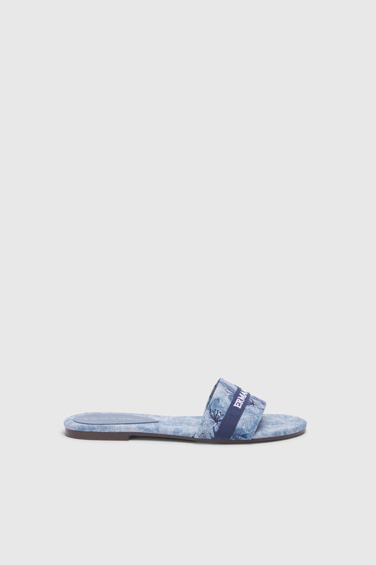 DENIM PRINT SANDALS WITH FLOWERS AND EMBROIDERED LOGO